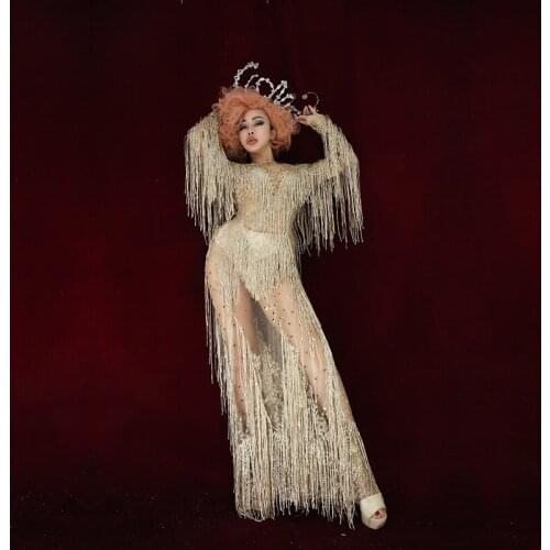 X82 DJ Perspective dresses women stage gold tassel skirt sexy women wears clothe party Rhinestone outfits disco rave dress show