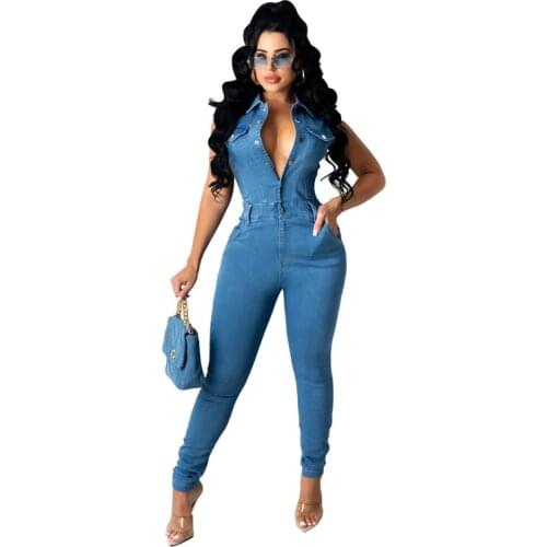 Plus Size Women Clothing Summer Slim Sleeveless Jeans Jumpsuits Denim Rompers Playsuits 2021 Cotton Elegance Jean Woman Overalls