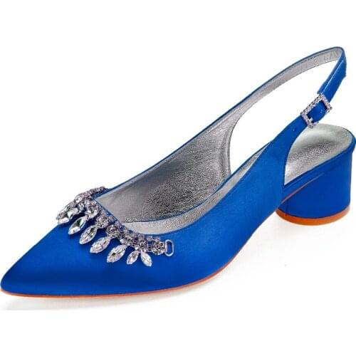 Pointed toe slingback round kitten low heel lady satin evening dress shoes with crystal chain applique bridal wedding prom pumps