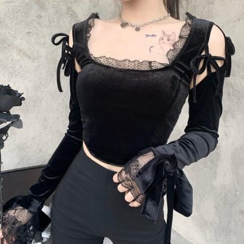 Long Sleeve T Shirt Women Chic Aesthetic Bandage Hollow Out Tops Goth Mall Goth Lace Black Crop Top Y2K Gothic Lace Patchwork