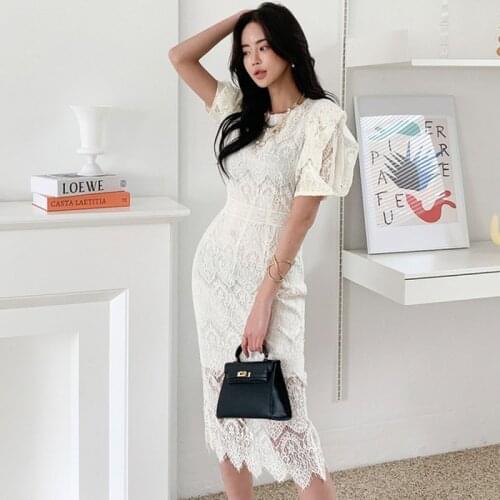 2021 New Arrival Women Solid Lace Dress Fashion Summer Party O-Neck Petal Sleeve Casual Slim Korea Sheath Dresses Vestidos
