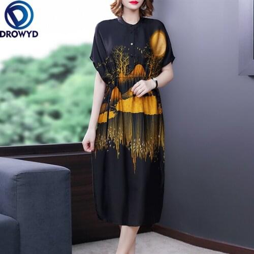 2021 Women Vintage Black Print Mulberry Silk Midi Dress Summer Chiffon Short Sleeve Loose Dresses Elegant Bodycon Party Vestidos