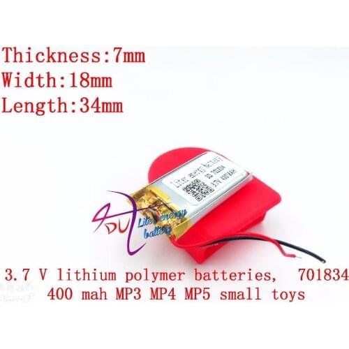 3.7V,400mAH 701834 (polymer lithium ion / Li-ion battery ) for Smart watch,GPS,mp3,mp4,cell phone,speaker