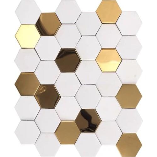 3D Gold steel metal mosaic tile mix pure white marble tile DIY wallpaper for bar decoration