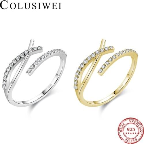 Colusiwei Fashion Wedding Inlay Clear CZ Geometric Line Rings 925 Sterling Silver Open Adjustable Finger Rings for Women Jewelry