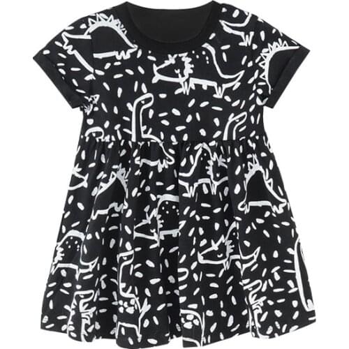 27kids Summer Girls Dress Comfortable Short Sleeve Printing Black Strips Arts Cute Skirt For Kids Casual Clothes 2-7Years