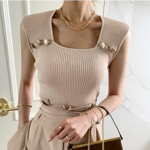 2021 New Women Summer Knitted Tank Tops Sleeveless Tshirts Metal Button Decoration Square Collar Elastic Slim Tees