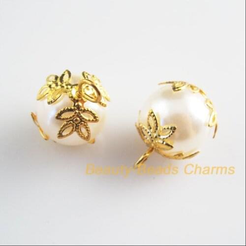 New 20Pcs Gold Color Flower Bead End Caps White Acrylic Beads Charms Pendants