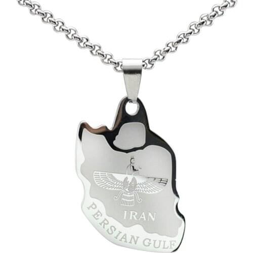 Silver Color Stainless Steel Iranian Zoroastrian Farvahar Iran Map Persian Gulf Pendant Necklace