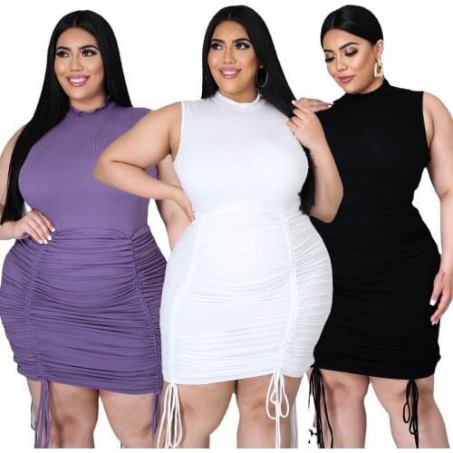 XL-5XL 2021 Fashion Casual Plus Size Dress Women Clothing Solid Ribbed Drawstring Fold Sleeveless Dresses Wholesale Dropshipping