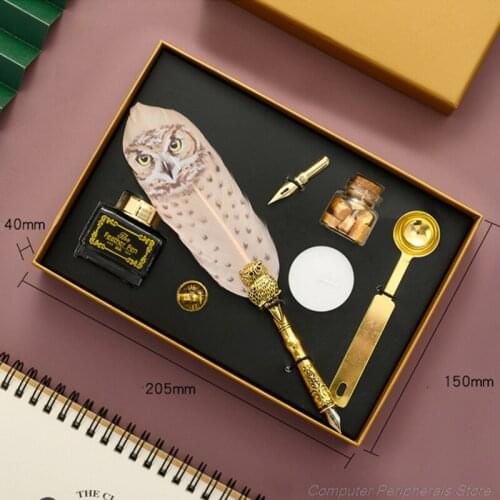 Retro Calligraphy Quill Owl Feather Dip Pen with Nib Wax Seal Stamp Gift Box Stationery M03 21 Dropshipping