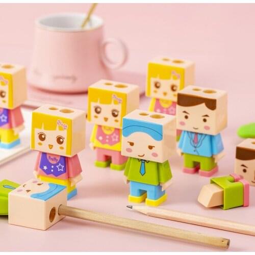 Handheld Manual Pencil Sharpener with 2 Sharpening Holes and Eraser, Cartoon Robot Student Pencil Sharpener for School Office