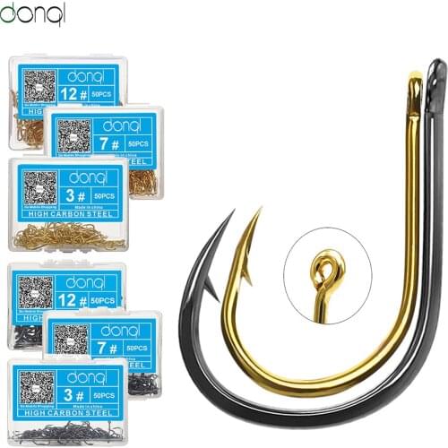 DONQL 50pcs/Box High Carbon Steel Fishing Hook 3# - 15# Barbed Round Hole Single Hook Carp Fishing Jig Fly Fishook Accessories