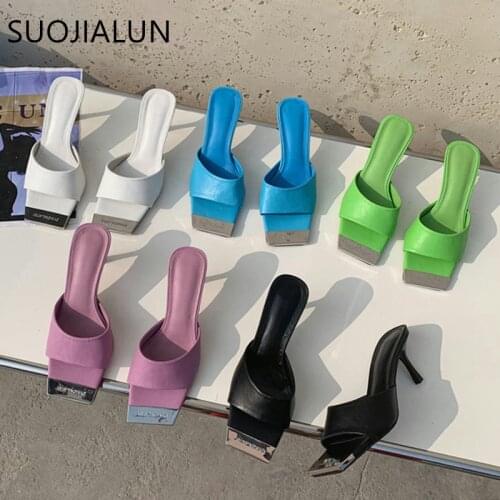 SUOJIALUN 2021 New Brand Thin High Heels Slippers Ladies Elegant Slip On Mule Shoes Leisure Outdoor Sandals Shoes Slides Flip Fl