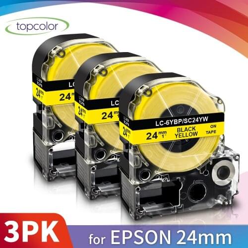 Topcolor 3PK 1" 24mm Black on Yellow Printer Ribbon SC24YW Replace Epson Label Tape for Kingjim Label Maker SR370 SR550 SR330