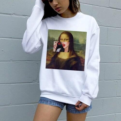 Spoofing Monla Lisa Personality Printing Graphic Hoodies Winter Women Top Harajuku Fashion Aesthetic Casual White O-neck Hoodies