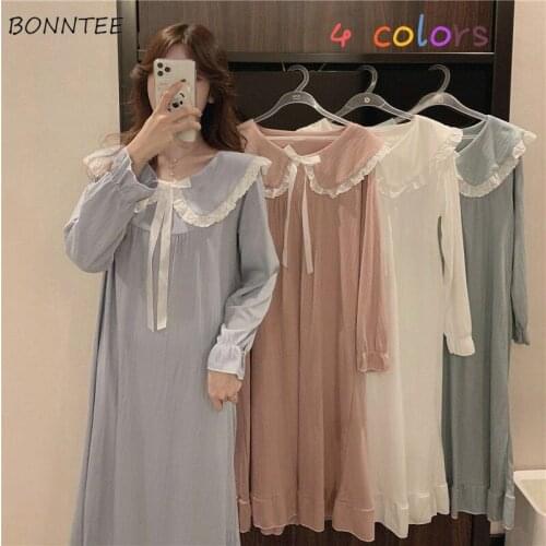 Sleepshirts Women Cotton Bow Lace Patchwork Cute Simple Korean Style Long Sleeve Midi Spring Loose Nightgowns Ins Fashion Nighty