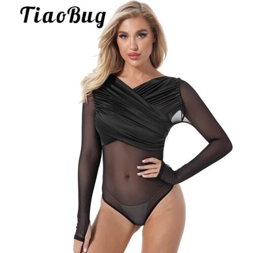 Womens Bodysuit Leotard Party Nightclub Costumes Transparent Mesh Patchwork Wrapped V Neck Long Sleeve Bodycon Jumpsuits
