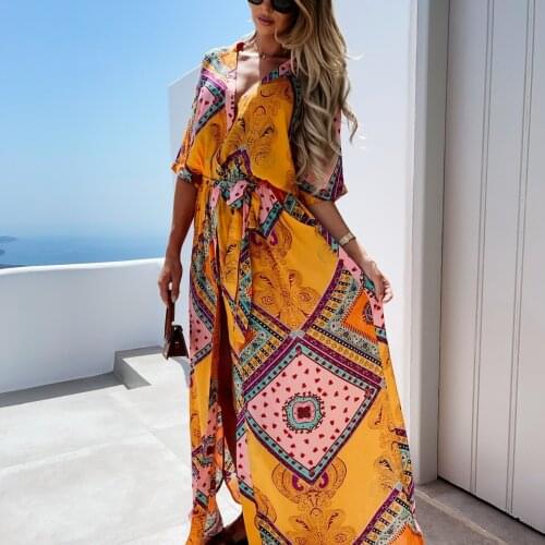 Happie Queens women floral print long sleeve beach loose Bohemian maxi dress Ladies v-neck Boho sundress vestidos women dresses