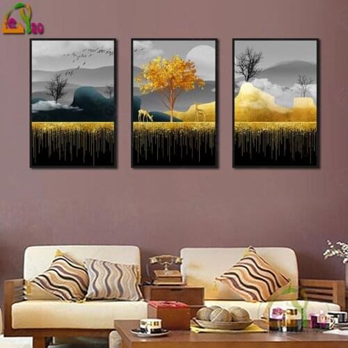 Golden Landscape Tree Mountain Diamond Painting Full Square Round Drill Cross Dtitch Diamond Mosaic Embroidery Scenery 3 Pieces