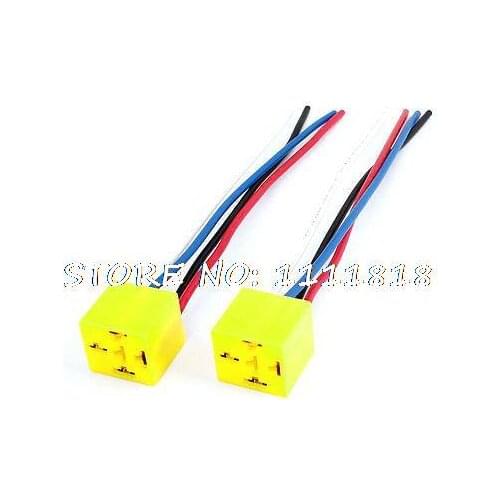 2 x Yellow Plastic Shell 4 Pin Pre-wired Relay Socket for Auto