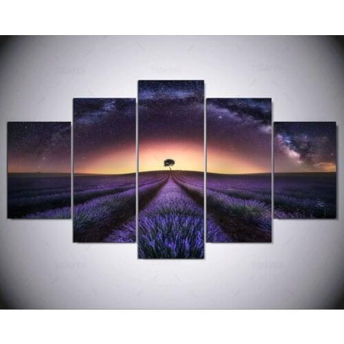 5 panel HD printed painting lavender heart field canvas home decor wall art picture for living room kn-184
