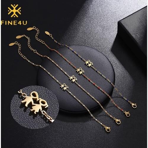 FINE4U B554 Boy and Girl Holding Hands Bracelet for Women Girls Jewelry Gift Minimalist Style 1.5mm Beads Bracelet