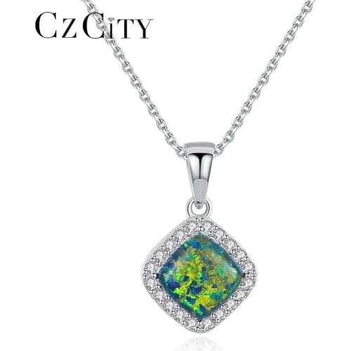 CZCITY Genuine Sterling Silver Necklaces for Women Fine Jewellery Link Chain And Square Fire Opal Pendant Necklace Bijoux Femme