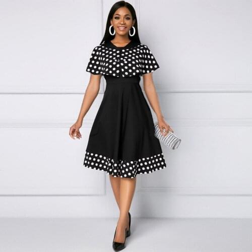 European Style Women Summer Vintage Shawl Dot Patchwork O-neck Office Lady Elegant Dress Casual High Waist Party Dress Vestidos