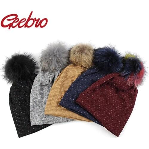 Geebro Slouchy Winter Women Multicolor Ribbed Cotton Beanies Natural Raccoon Pompoms Fur For Ladies Stretch Skullies Hats Bonnet