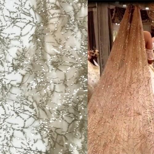 GLace 1M/Lot Mesh Lace Fabric High Density Symphony Hot Diamond Sequins Mesh Fabric for Dress Bronzed Fabric TX752