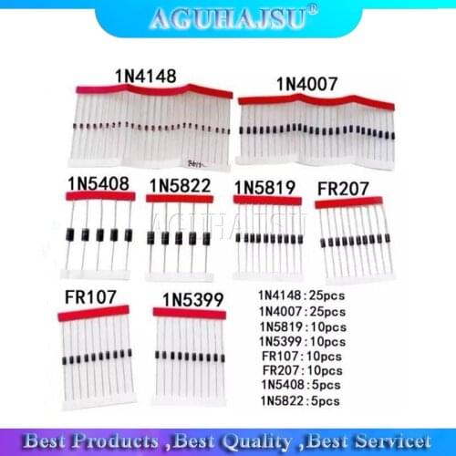 8values=100pcs 1N5399 1N5408 1N4148 1N4007 1N5819 1N5822 FR107 FR207 Switching Diode component kit the quantity check details