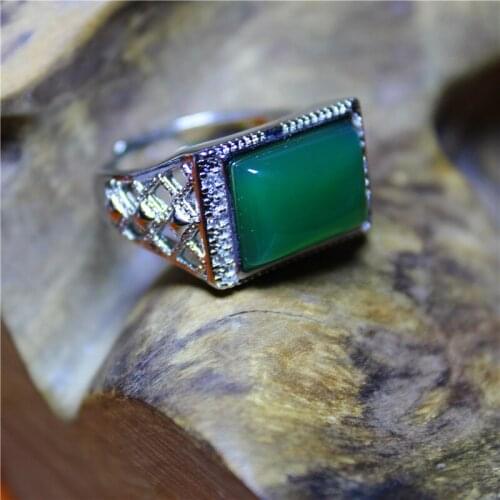 Wholesale Fashion Personality Jewelry Green Chalcedony Special Silver Plated Hollow Out Ring For Men Feature Namour Charm Gift