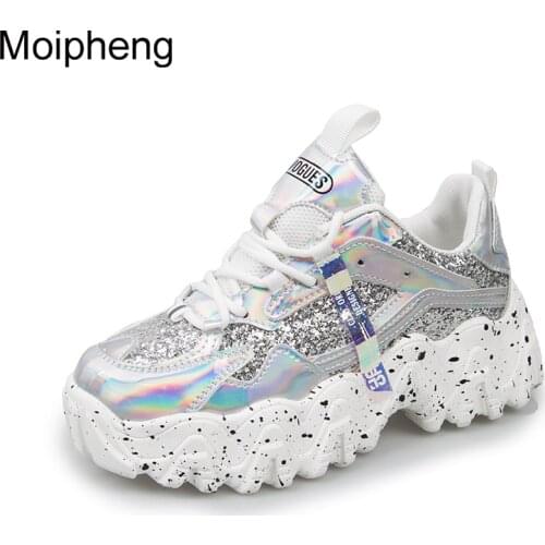 Moipheng Chunky Sneakers 2021 New Arrival Bling PU White Shoes Woman Sneakers Sequined Cloth Zapatillas Mujer Girls Casual Shoes