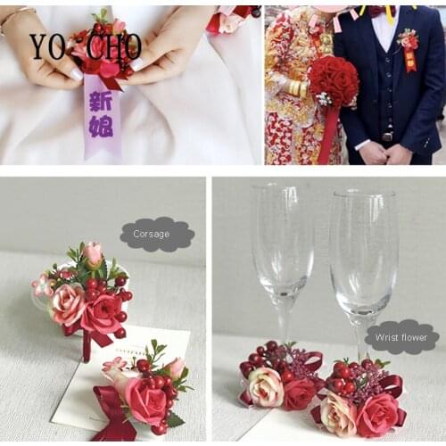 YO CHO Fashion Chinese Style Red Jubilant Wrist Corsage Bracelet Wedding Prom Party Delicate Handmade Boutonniere All Guests
