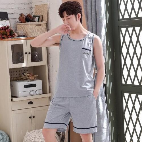 Boy Male Pocket Vest Pants Pajamas Sleeveless Vest Pyjamas Undershirt Sleepwear Nightwear Loose Oneck Mans Jams 6535 Cotton HDE
