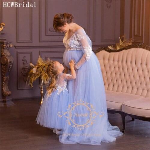 Mint Blue Long Sleeves Evening Dress For Pregnant Women Plus Size Mother And Daughter Dresses Tulle Lace Long Prom Gowns Cheap