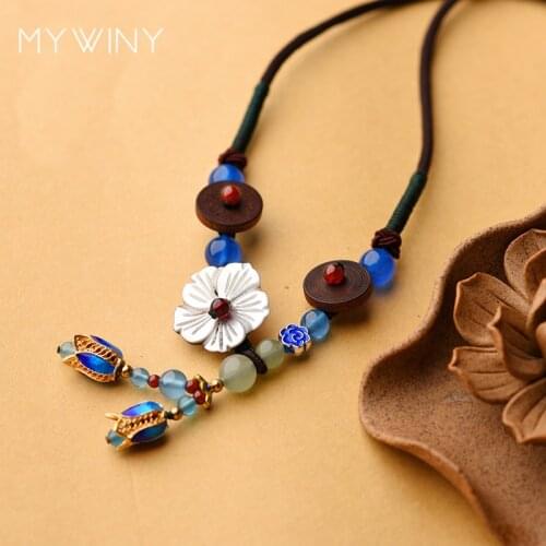 MYWINY wooden necklace shell flowers,ethnic exotic necklace,handmade Aventurine vintag necklace,Drip alloy cloisonne jewelry