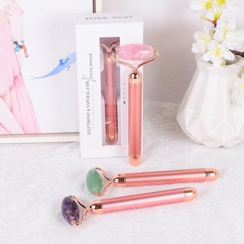 Rose Gold Electric Roller Set Natural Rose Quartz Amethyst Roller Big Frequency Jade Massager Face Neck Detox and beauty Tool