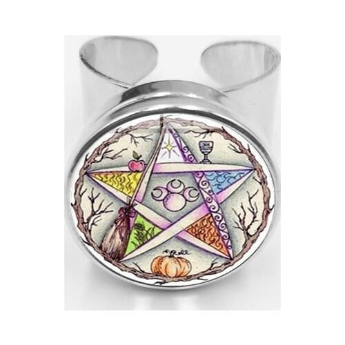 Initial/Fashion New Hot Esoteric Pentagonal Glass Button Ring Vintage Wicca Star Tree of Life Open Ring Gift