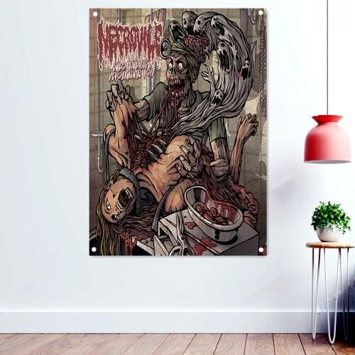 Necrovile Scary Bloody Death Art Flag Wall Hanging Chart Painting Vintage Rock Band Banner Heavy Metal Music Posters Home Decor