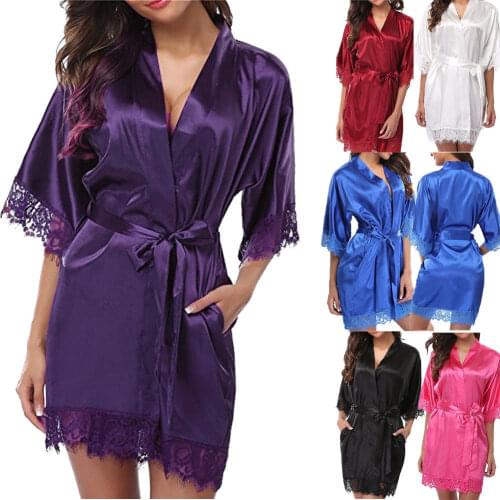 Sexy Lace Nightgown Women Imitation Silk Satin Robes Solid Patchework Sleepshirt with Sashes Half Sleeve Mini Nightgowns 9 Color