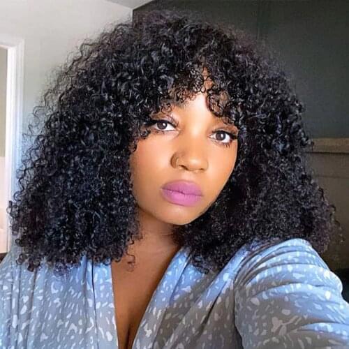 Hairmoda Deep Human Hair Wigs For Black Women Peruvian Remy Hair Natural Black Full Machine Wig With Bangs 8"-32"Inches
