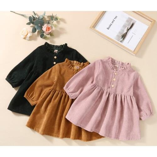 Lovely Toddler Baby Girls Mini Dress Cute Newborn Solid Long Sleeve Ruffled Corduroy Dress for Spring Summer Fashion Outfits