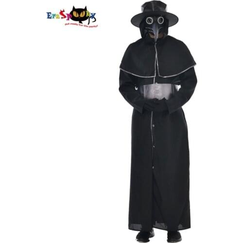 Eraspooky Medieval Steampunk Plague Doctor Costume Robe Full Set Men Gothic Bird Beak Latex Masks Hat Halloween Outfit For Adult