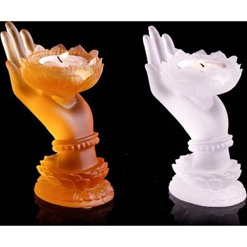 11cm High Colored Glaze Buddhas Hand Candle Holder Home Decoration Table Centerpiece White Lotus Holy Sacred Hall Lobby Decor