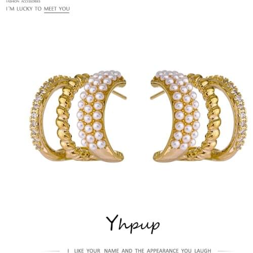 Yhpup Exquisite Imitation Pearls CZ Geometric Stud Earrings Women Delicate Bling Cubic Zirconia Copper 14 K Earrings Gift 2021