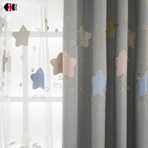 Star Embroidery Blackout Curtains for Bedroom Kids Blue Pink Star Cartoon Cotton Linen Nursery Sliding Glass Door Drapes