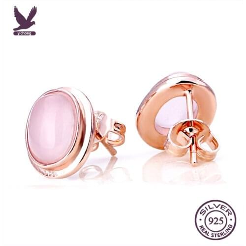 Womens Earings 100% 925 Sterling silver round natural pink opal gem stone ladies stud earrings jewelry Anti allergy drop ship