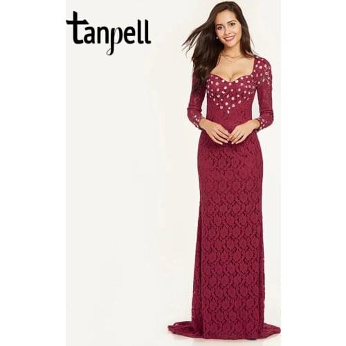 Tanpell lace mermaid evening dress burgundy beaded full sleeves floor length gown women prom sweep train formal evening dresses